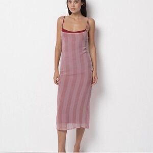 belle the label. Pink Striped Midi Dress, and red knit slip dress (2 dresses)